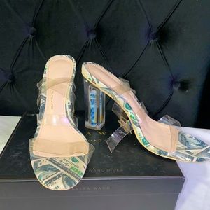 Money Print Clear Block Heel